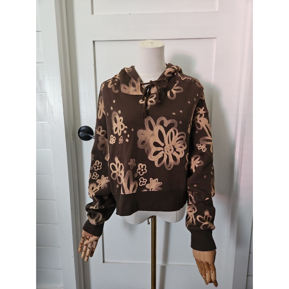 Wild Fable Floral Hoodie Large Brown Bleach Look Cropped Fleece Pullover Sweater